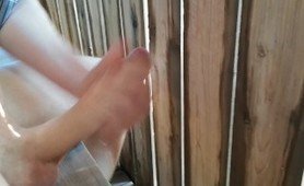 Jerking off in a public stable, cumshot on the wall