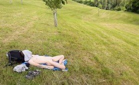 Cute guy outdoor public nude hiking, sunbathing and anal dildoing